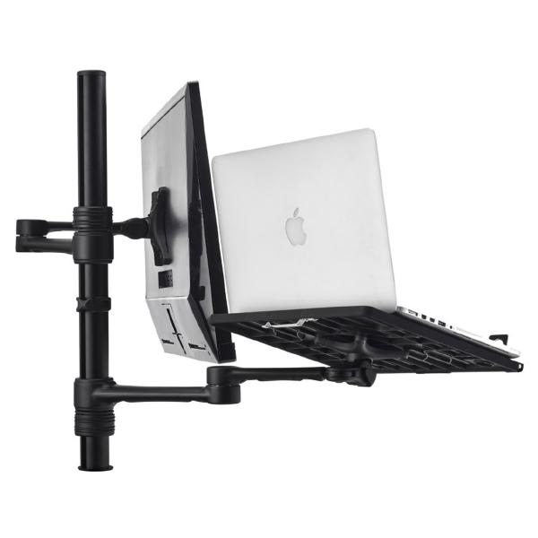 Atdec Notebook-Monitor Combo Mount on Post. Max load: 8kg (Flat), 5.5kg (curved). Up to 32" screens. Up to 18" notebooks (8kg). VESA 100x100. Black-0