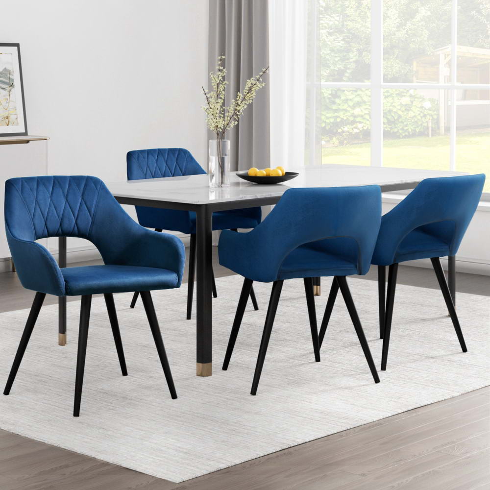Artiss Dining Chairs Set of 4 Velvet Hollow Armchair Blue-6