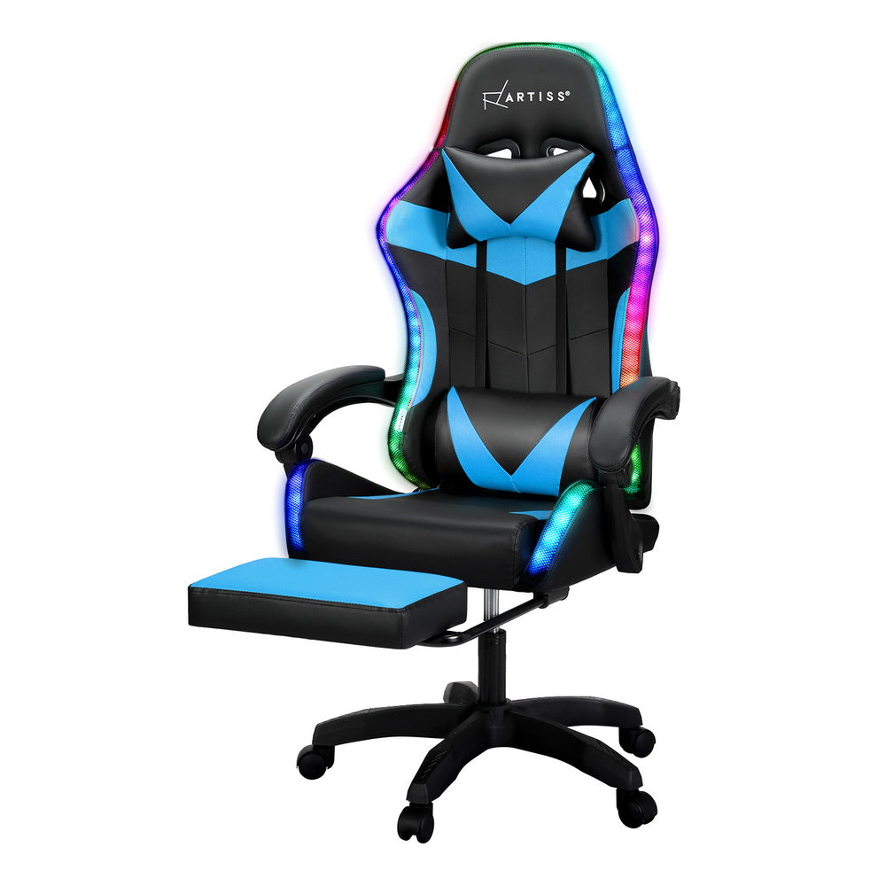 Artiss 6 Point Massage Gaming Office Chair 7 LED Footrest Cyan Blue-6