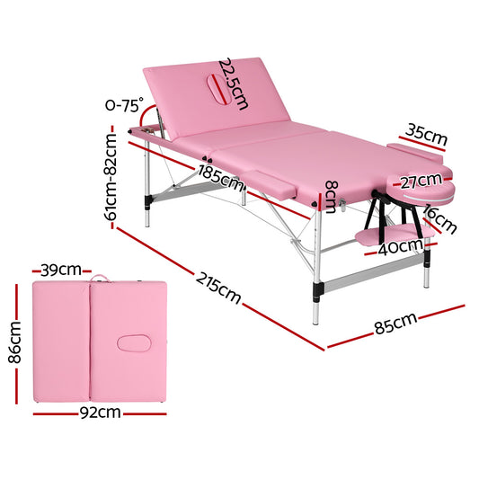 Zenses Massage Table 85cm Portable 3 Fold Aluminium Beauty Bed Pink-1