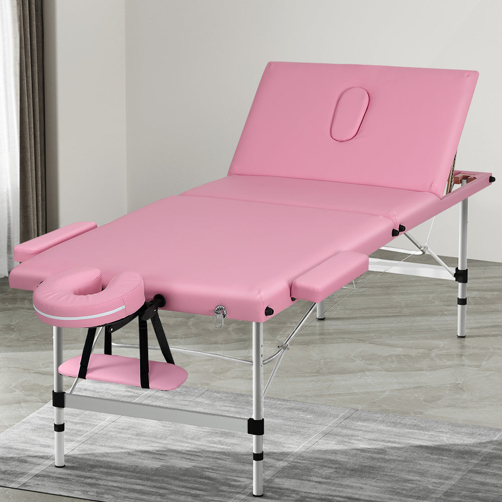 Zenses Massage Table 85cm Portable 3 Fold Aluminium Beauty Bed Pink-5