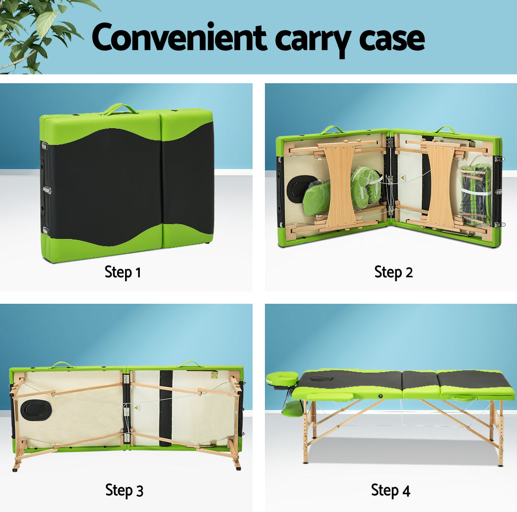 Zenses Massage Table 70cm Portable 3 Fold Wooden Beauty Bed Green-5