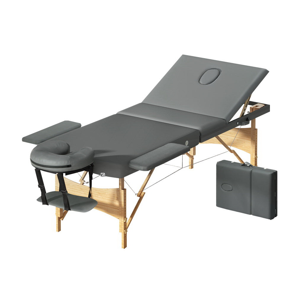 Zenses Massage Table 75cm Portable 3 Fold Wooden Beauty Bed Grey-6