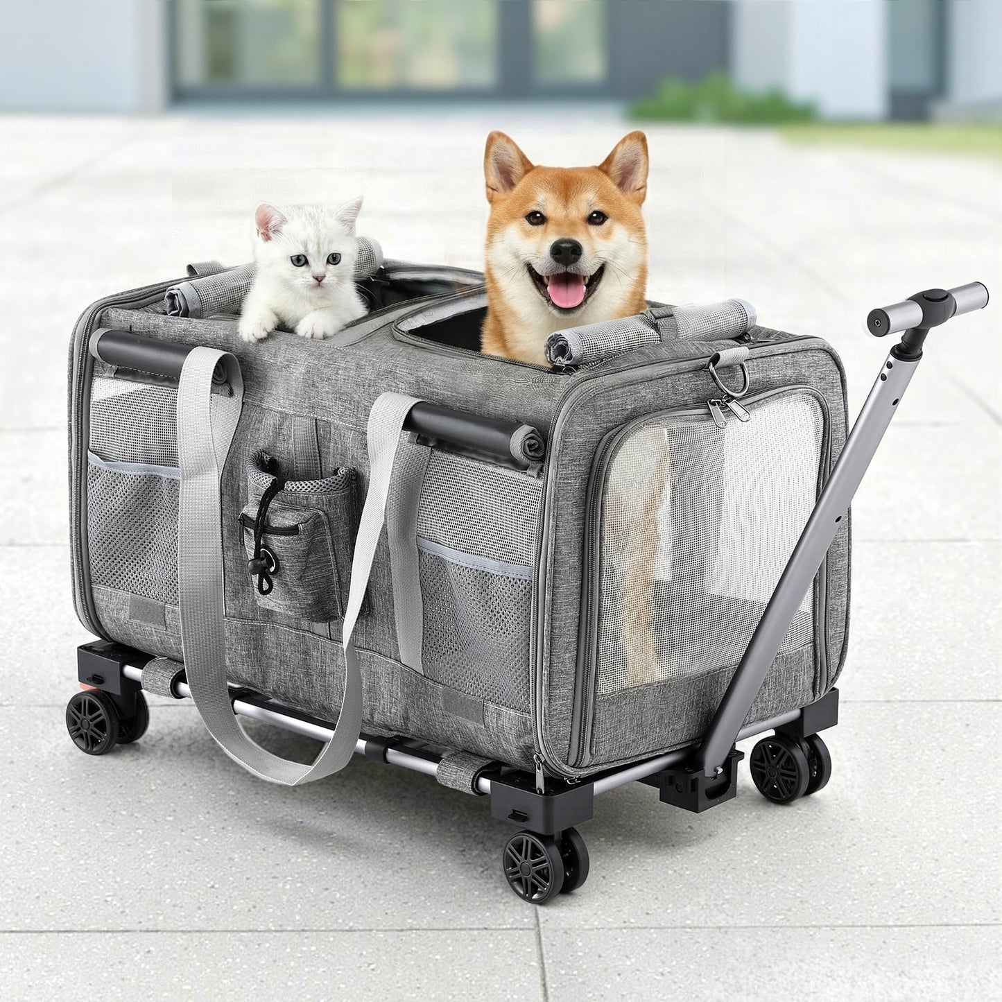 i.Pet Pet Carrier Swivel Wheels Foldable Cat Dog Trolley Stroller Travel Bag Grey-6