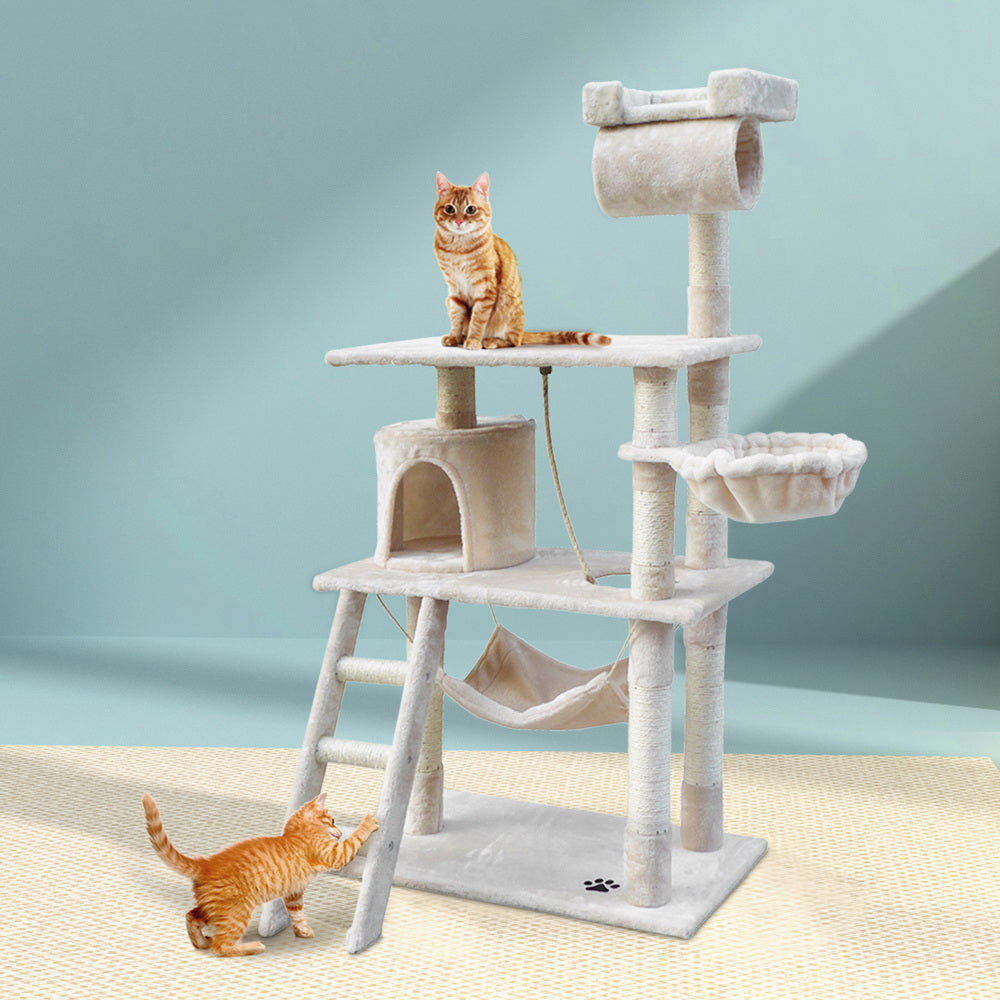 i.Pet Cat Tree 141cm Tower Scratching Post Scratcher Condo Wood House Bed Beige-7