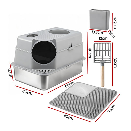 i.Pet Cat Litter Box Large Stainless Steel High Sided Pet Toilet Odour Control