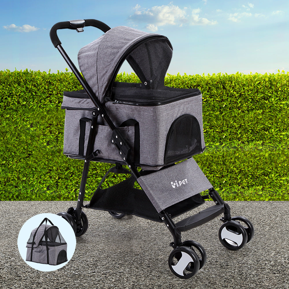 i.Pet Pet Stroller Dog Pram Cat Carrier Travel Large Pushchair Foldable 4 Wheels Grey-7