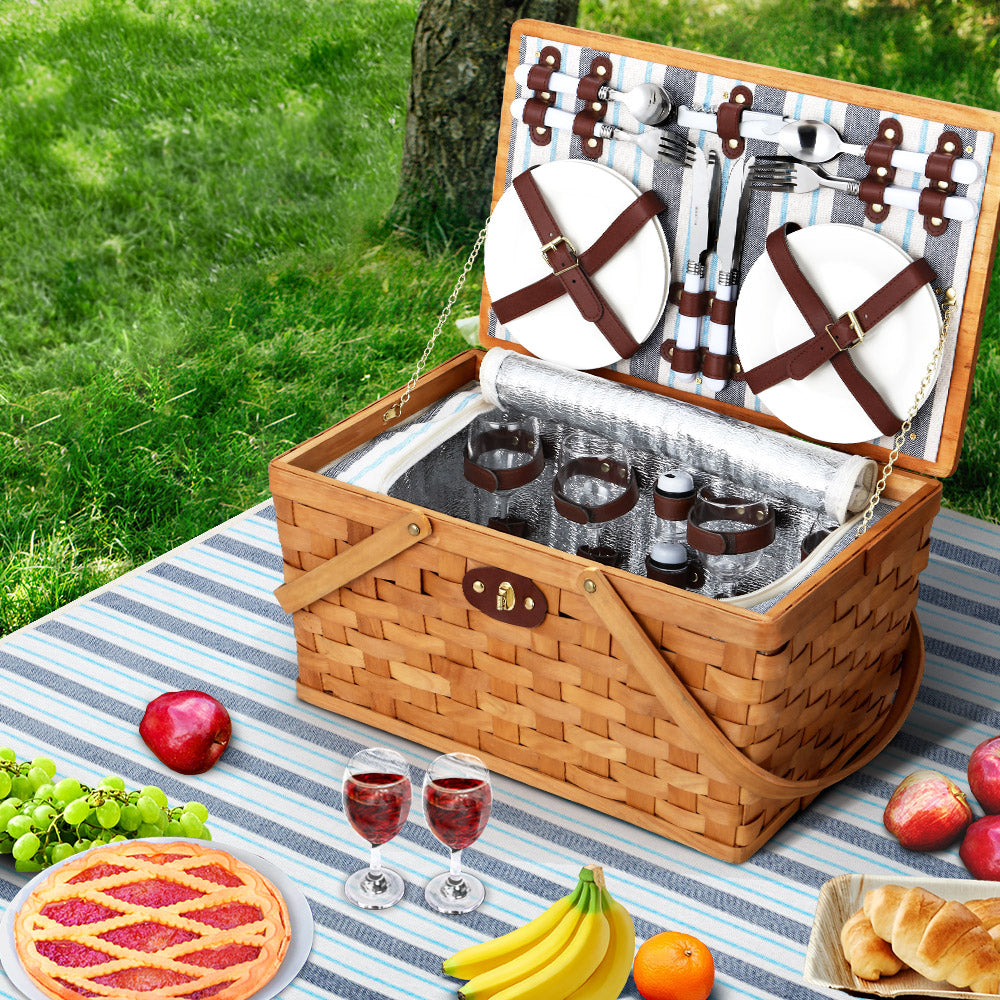 Alfresco 4 Person Picnic Basket Set Wooden Blanket Cooler Bag Outdoor Insulated-6