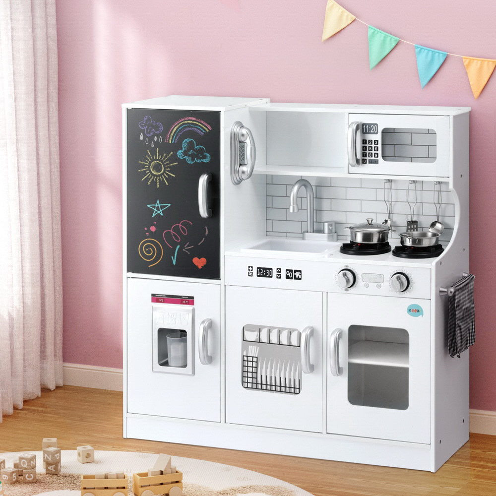 Keezi Kids Wooden Pretend Kitchen Play Set Cooking Toys Pot Ice Cup Oven Blackboard 80CM White-6