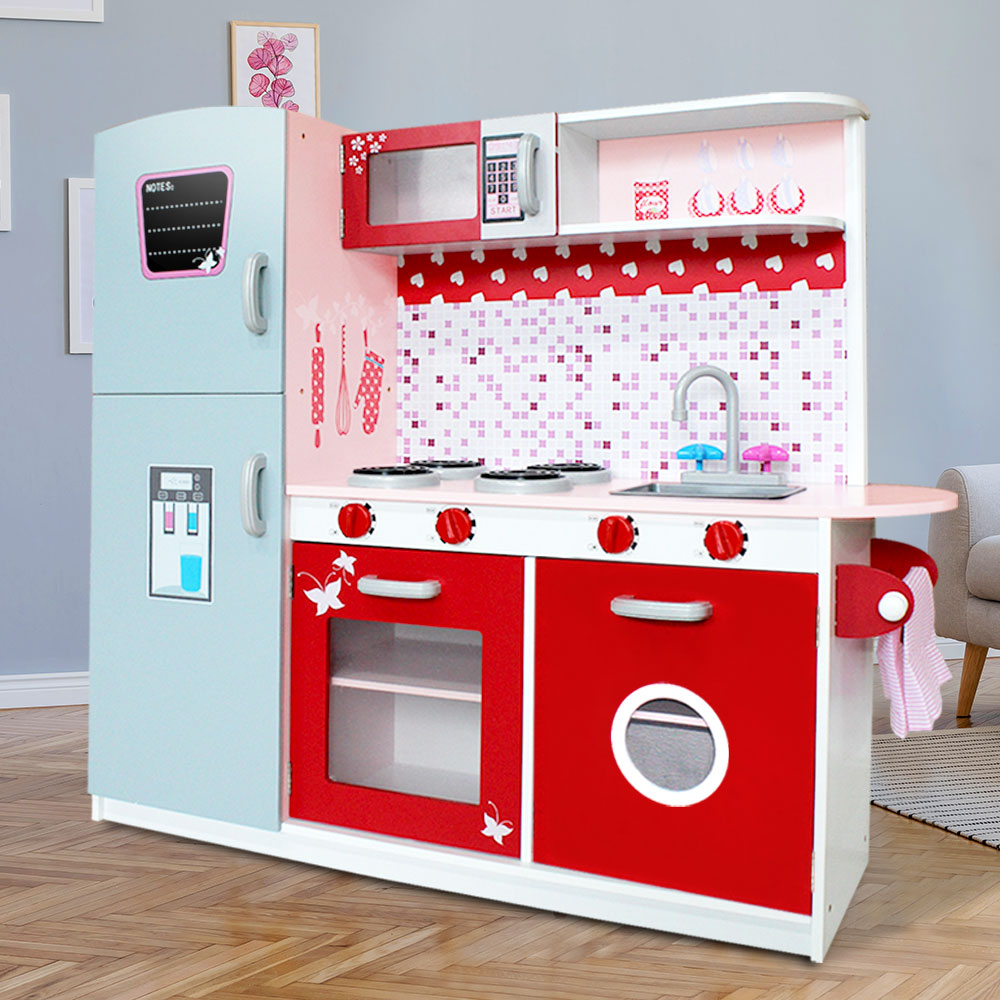 Keezi Kids Kitchen Play Set Wooden Pretend Toys Cooking Children Fridge Oven Red-7