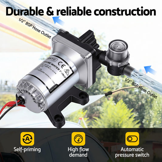 Giantz 12V DC Water Pump, 11.3LPM 55PSI 3 GPM Self-Priming RV Water Pressure Pump with Automatic Pressure Switch, for RV Marine Camping Yacht Garden Fresh Water Diaphragm, 2088-554-144 Replacement-1