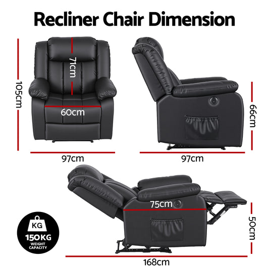 Artiss Manual Massage Recliner Chair for Living Room, Leather Sofa Lounge Reclining Chair with 2 USB Port, 160° Recline Reading Chair with 20CM Wide Armrests, 8 Point Vibration & Lumbar Heat, Black