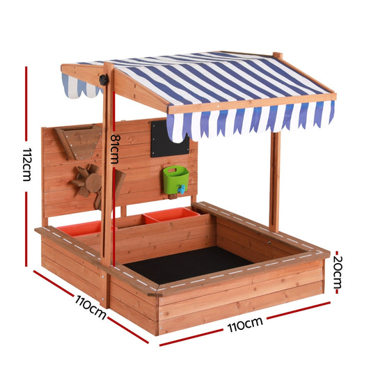 Keezi Kids Sandpit Wooden Canopy Sandbox With Cover Funnel Outdoor Toys 110cm-1