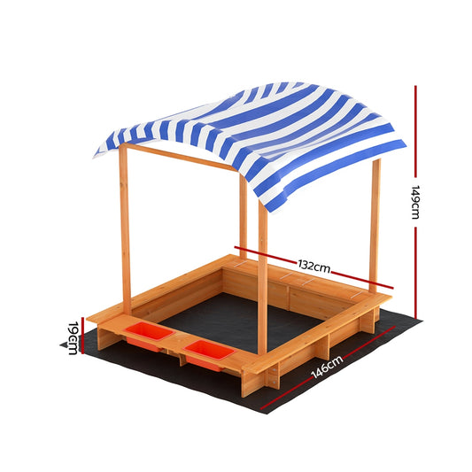 Keezi Kids Sandpit Wooden Sandbox Sand Pit with Canopy Water Basin Toys 146cm-1