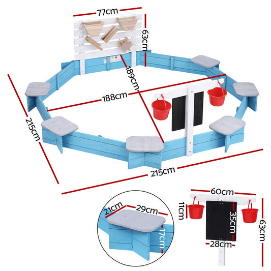 Keezi Kids Sandpit Wooden Round Sand Pit with Cover Funnel Bench Seat Beach Toys 215cm-1