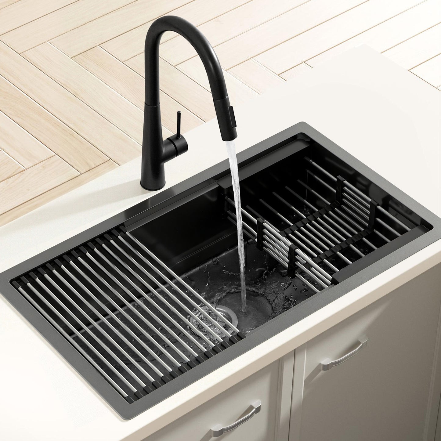 Cefito Stainless Steel Sink 70x45CM With Pull Out Mixer Tap Kitchen Basin Single Bowl Black
