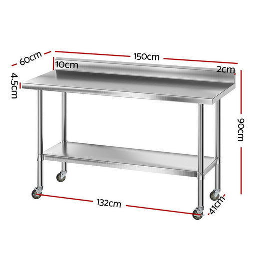 Cefito Stainless Steel Kitchen Bench w/ Splashback 1500x600MM 430