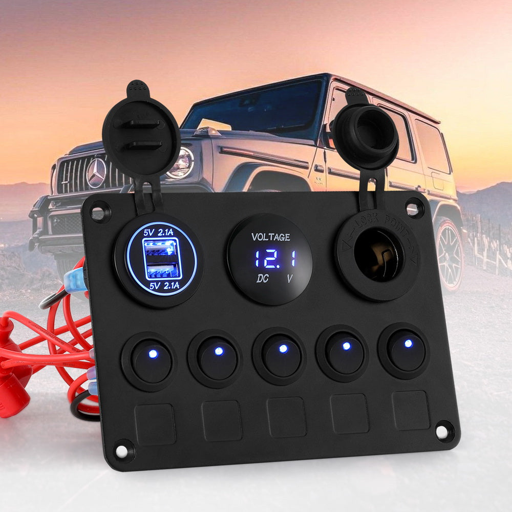 Giantz 5 Gang 12V Switch Panel For Car Boat Marine USB ON-OFF LED Rocker Toggle-6