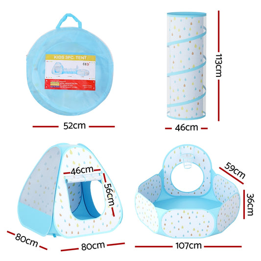 Keezi Kids Play Tent Pop Up Playhouse Ball Pit Tunnel Basketball Hoop Blue-1