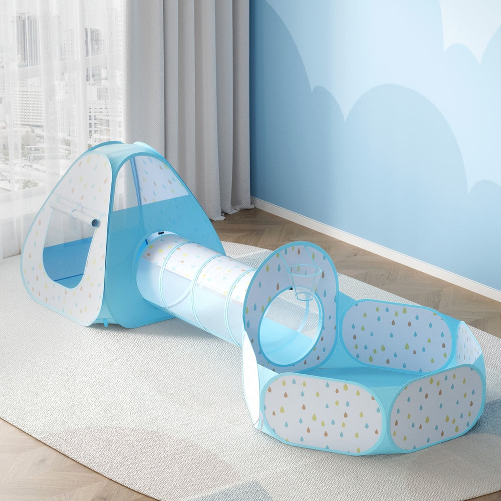 Keezi Kids Play Tent Pop Up Playhouse Ball Pit Tunnel Basketball Hoop Blue-6
