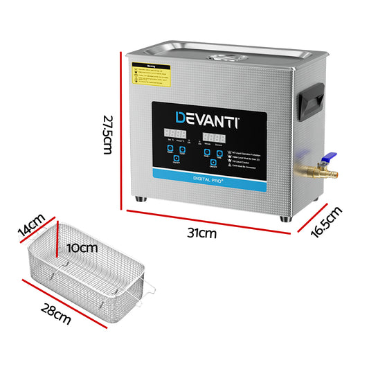 Devanti 6.5L Ultrasonic Cleaner Heater Cleaning Machine Timer Industrial 180W-1