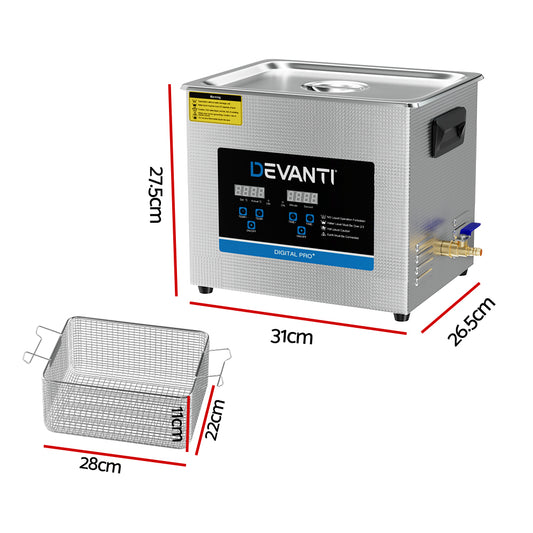 Devanti 10L Ultrasonic Cleaner Heater Cleaning Machine Timer Industrial 240W-1