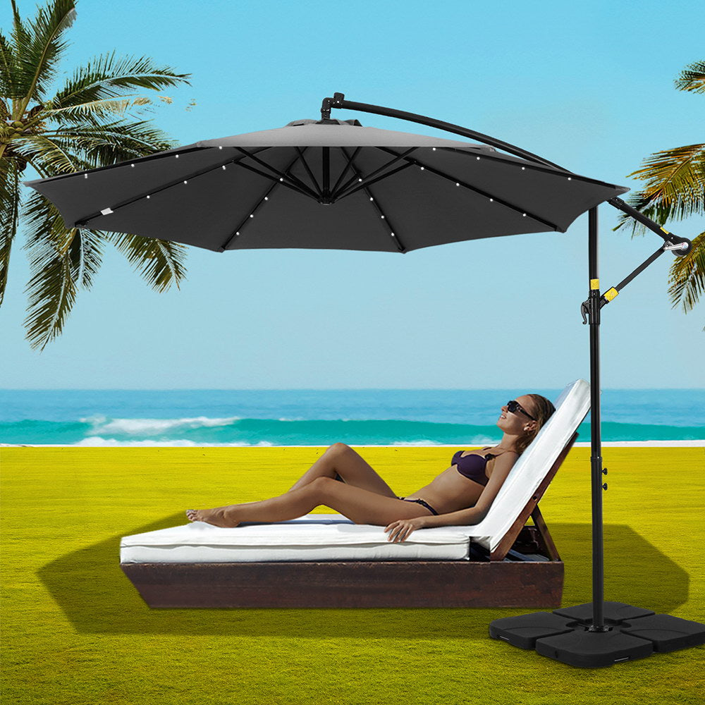 Instahut Outdoor Umbrella 3M Cantilever Beach LED Base Garden Sun Patio Charcoal-6