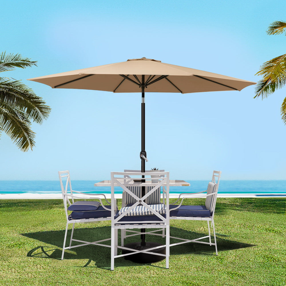 Instahut 2.7m Outdoor Umbrella w/Base Pole Stand Garden Sun Beige-7