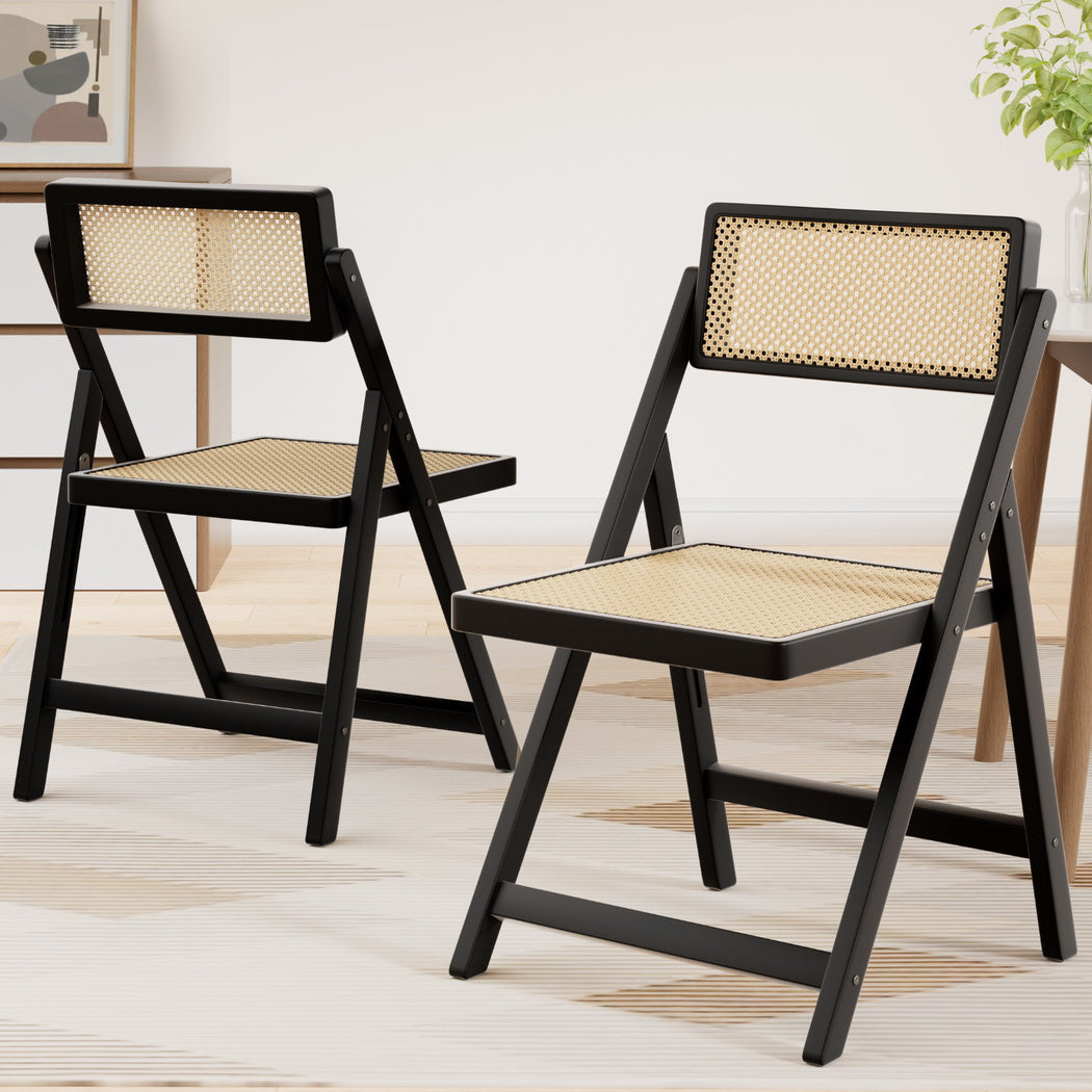 Artiss 2x Dining Chairs Wooden Rattan Foldable Black-6