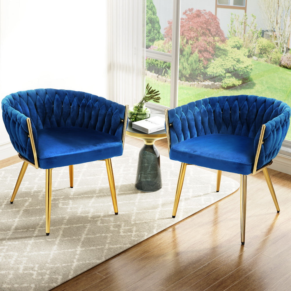 1 Set of 2 Artiss Dining Chairs Velvet Weaving Armchair Blue-6