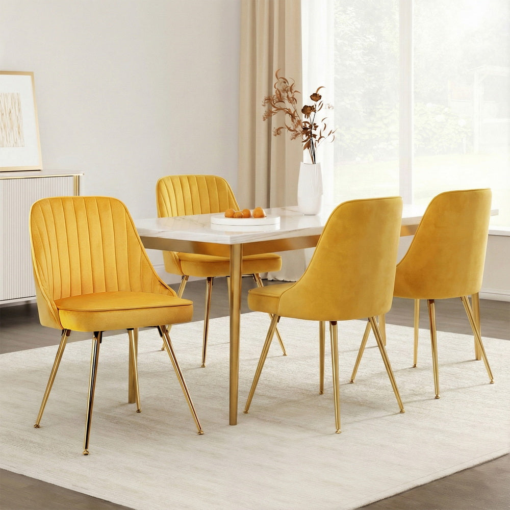 Artiss Dining Chairs Set of 4 Velvet Channel Tufted Yellow-6