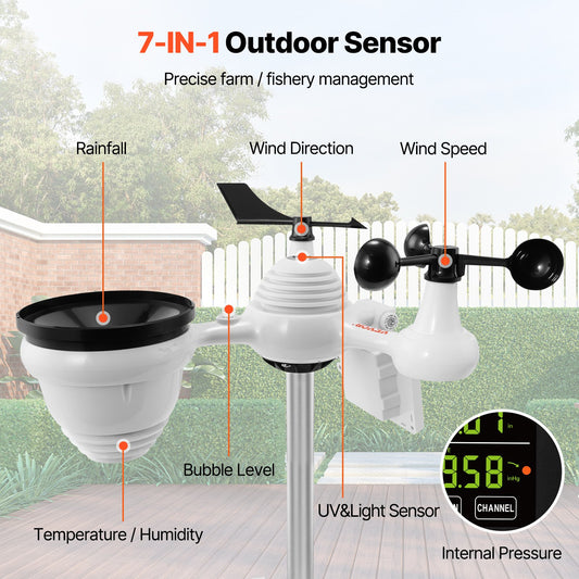 VEVOR 7-in-1 Wi-Fi Weather Station, 7.5 in Color Display, Home Weather Station Indoor Outdoor, with Solar Wireless Outdoor Sensor Alarm Alerts, for Temperature Humidity Wind Speed/Direction Rain