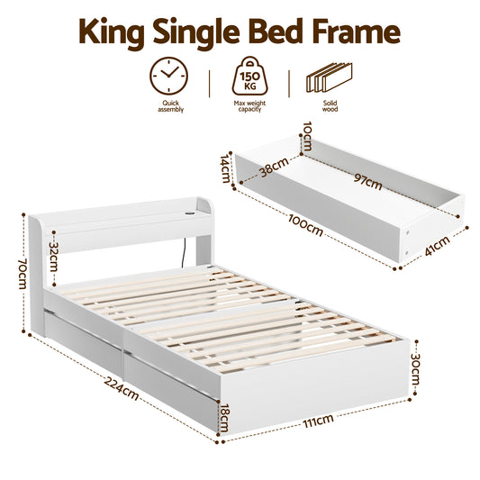 Artiss Bed Frame Single Size with Charging Ports and 2 Drawers AURA