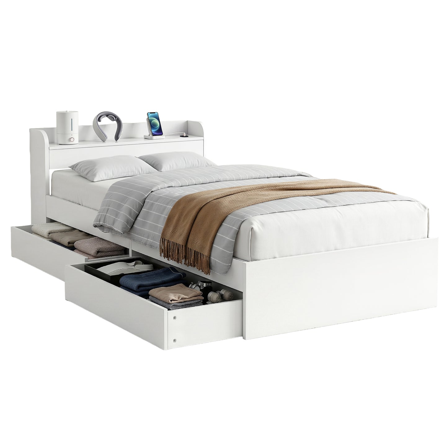 Artiss Bed Frame Single Size with Charging Ports and 2 Drawers AURA