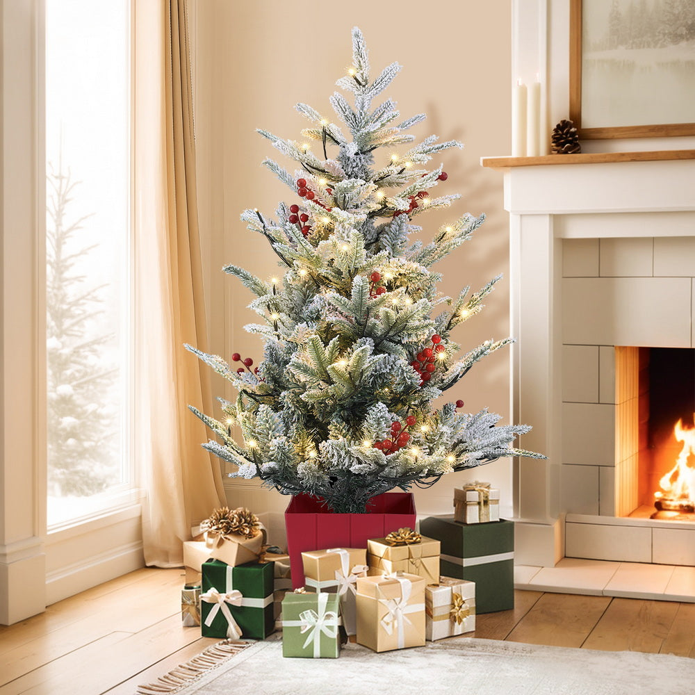 Jingle Jollys Christmas Tree 1M LED Potted Xmas Party Decor Red Barries Flocked-6