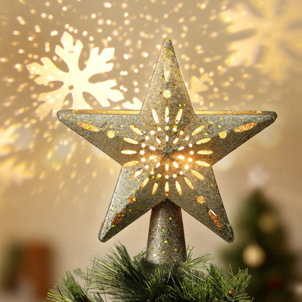 Jingle Jollys Christmas Tree Topper Star Snowflake Projector Party Glitter Gold-6