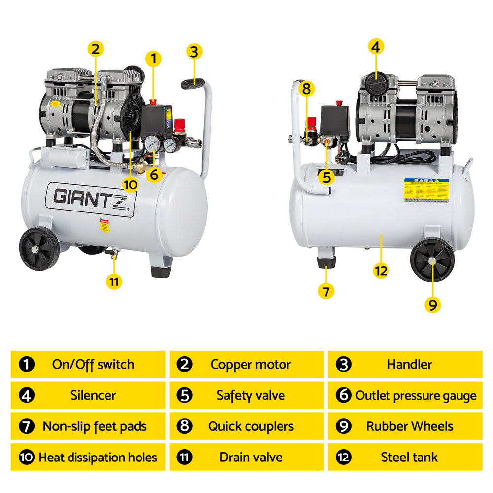Giantz 24L Air Compressor Quiet 0.75HP Oil-Free Portable Tyre Inflator 40L/Min-3