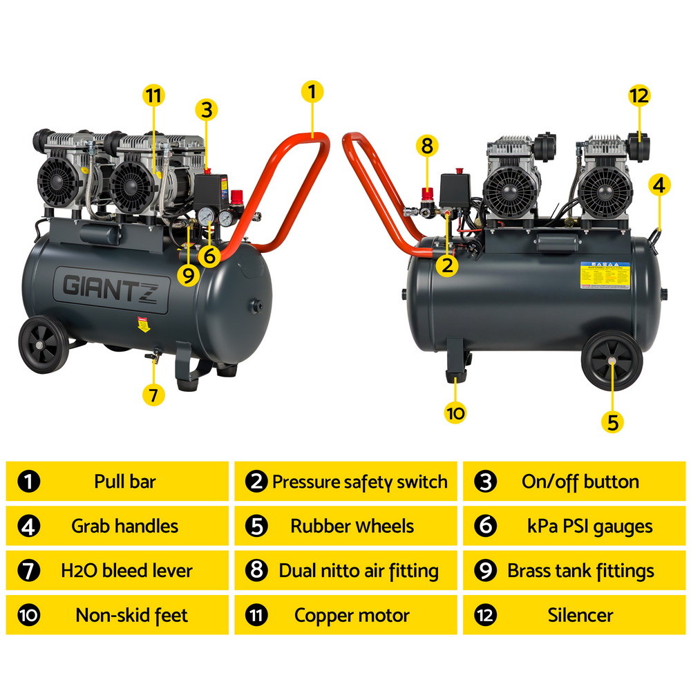 Giantz 50L Air Compressor Quiet 3.0HP Oil-Free Portable Tyre Inflator 200L/Min-3
