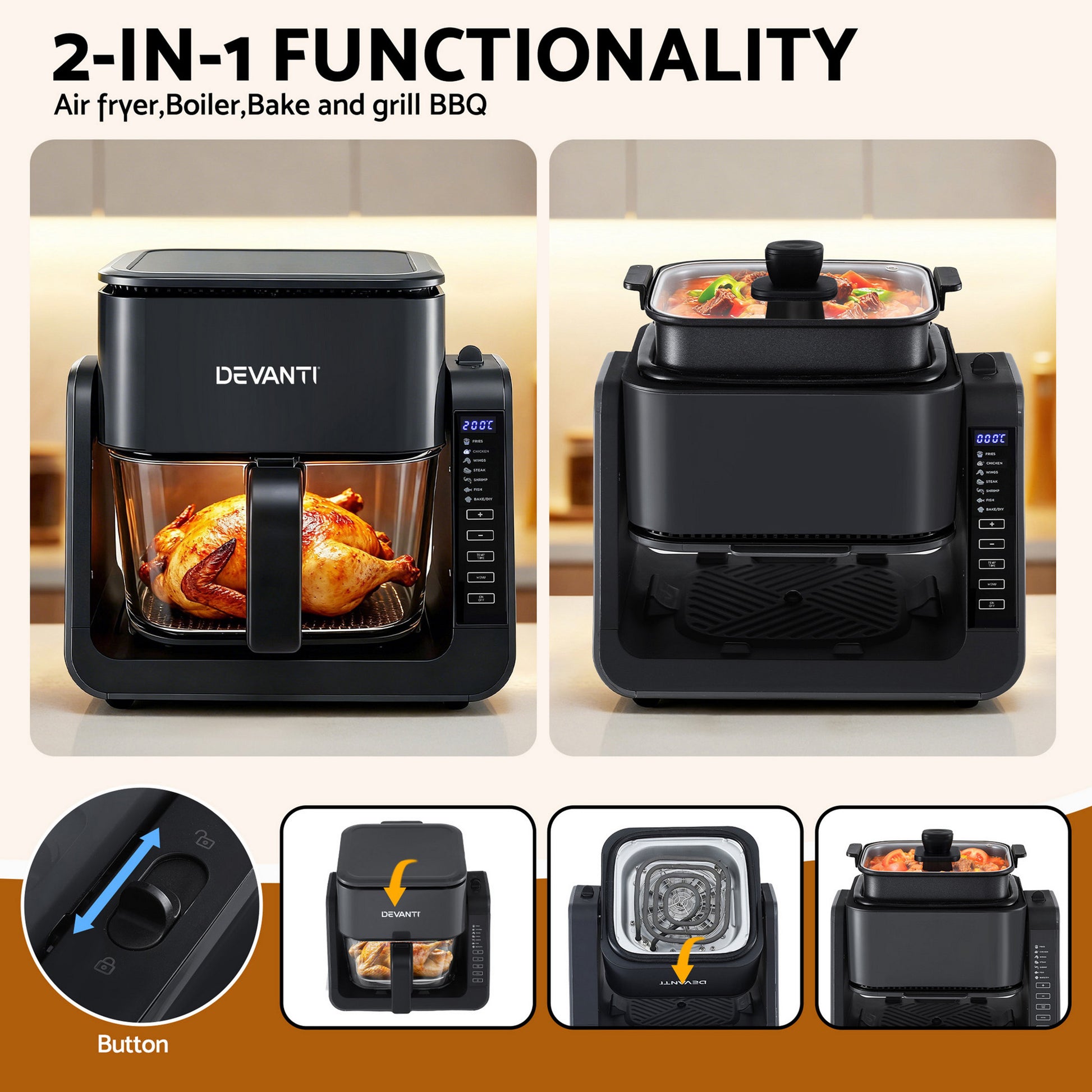 Devanti 2-IN-1 Air Fryer 5.5L Dual Zone Fryers Electric Cooker with Top BBQ Grill & Bot-3