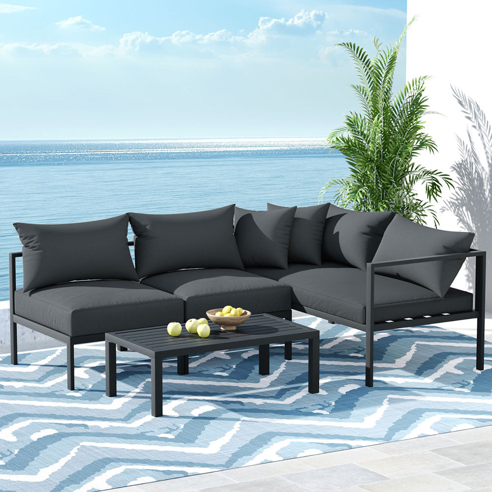 Gardeon 4 Seater Outdoor Sofa Set Aluminium Patio Furniture Setting 4PC Charcoal-6