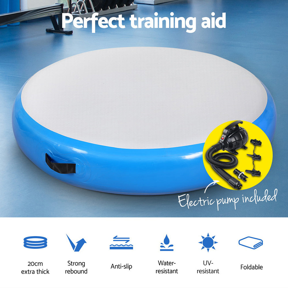 Everfit 1m Air Track Spot Inflatable Gymnastics Tumbling Mat Round W/ Pump Blue-3