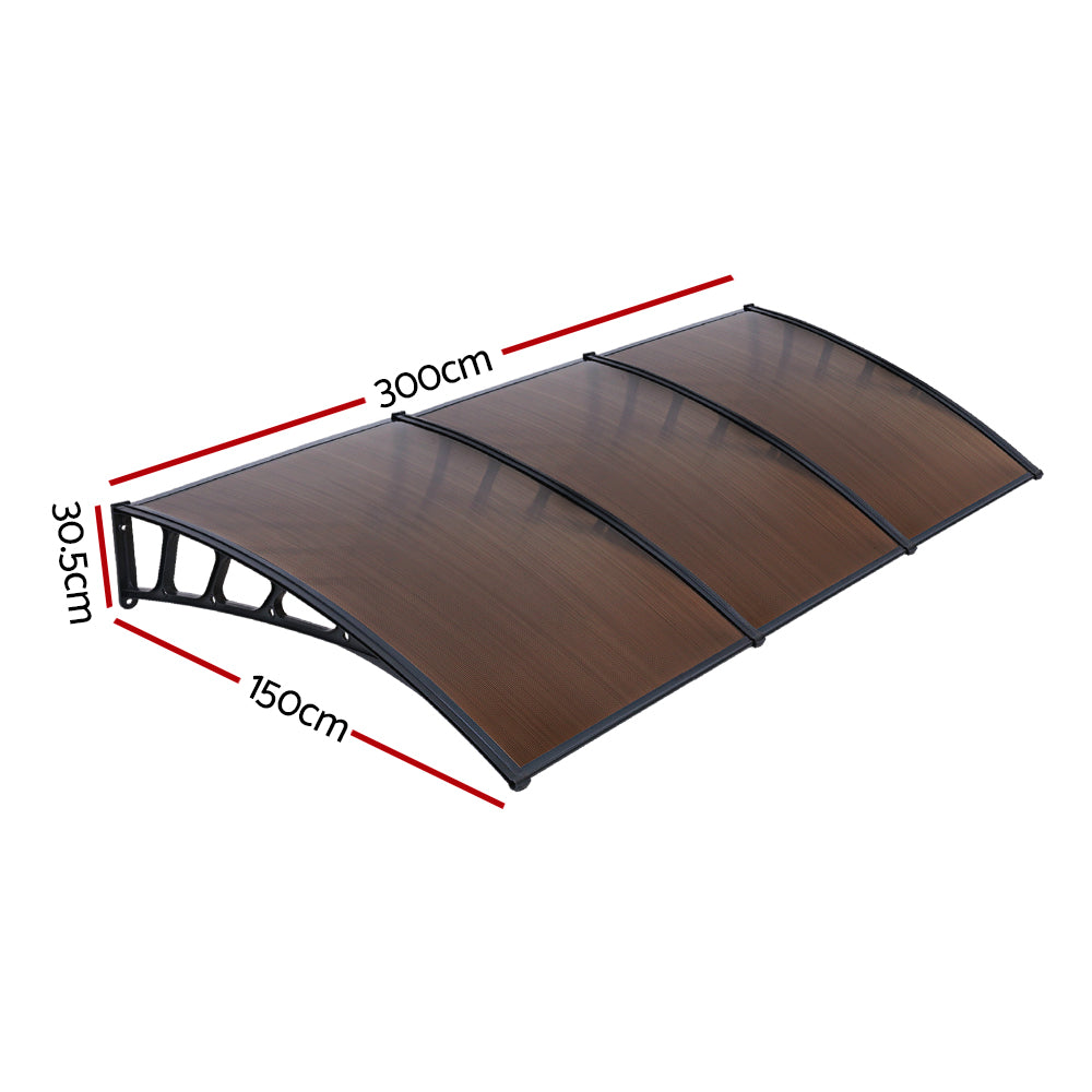 Instahut Window Door Awning Canopy 1.5mx3m Brown Sheet Black Plastic Frame-1