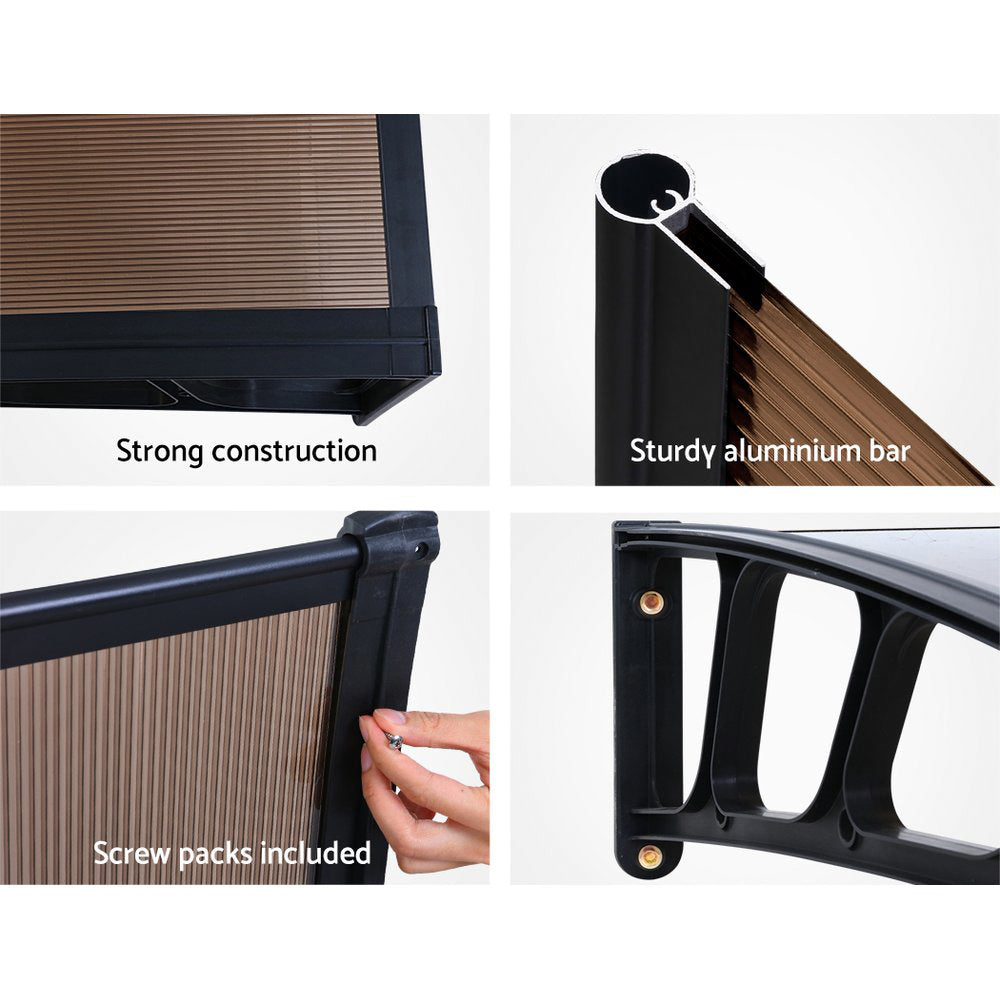 Instahut Window Door Awning Canopy 1.5mx3m Brown Sheet Black Plastic Frame-6