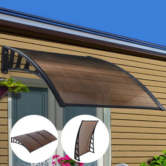 Instahut Window Door Awning Canopy 1.5mx3m Brown Sheet Black Plastic Frame-0
