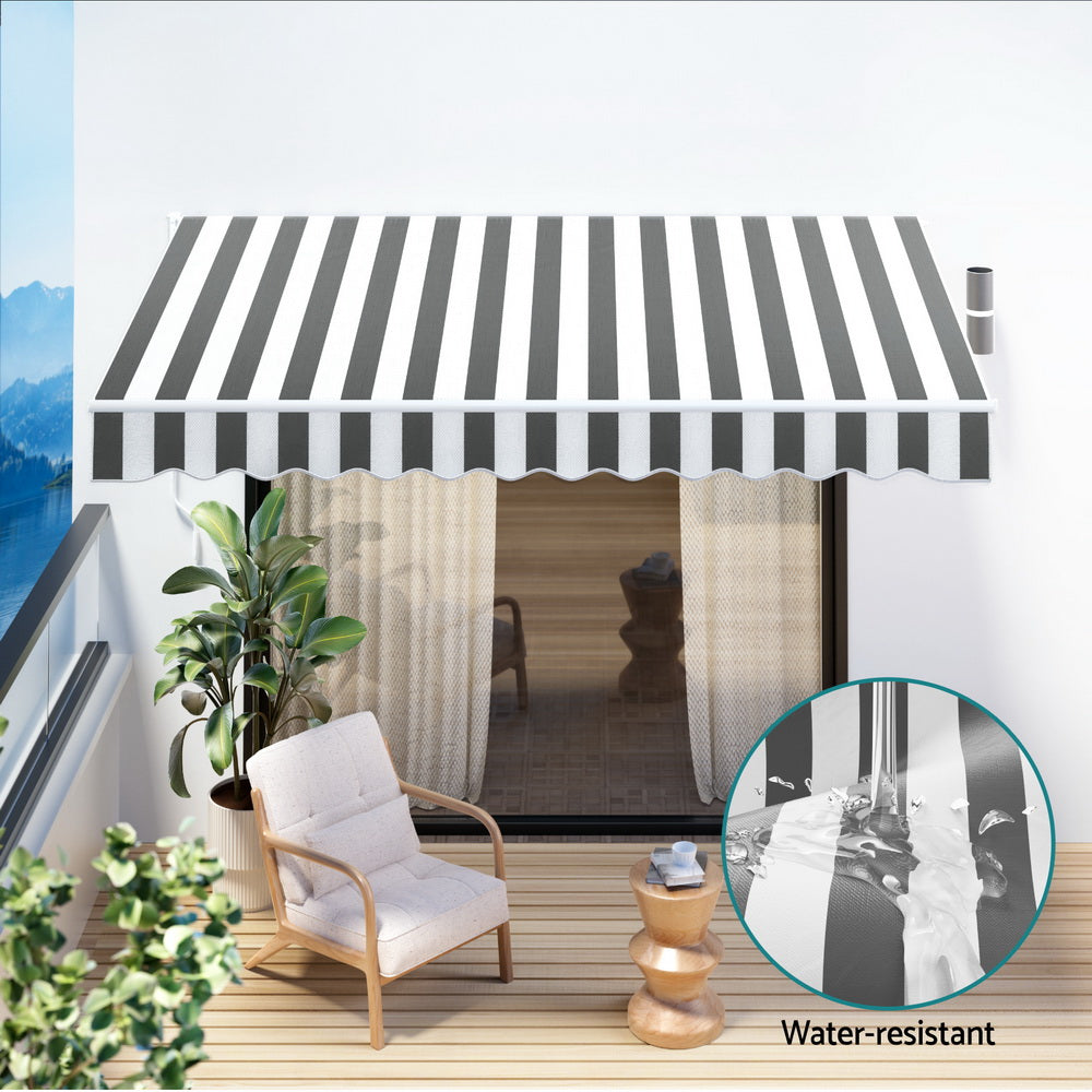 Instahut Retractable Folding Arm Awning Manual Sunshade 4Mx3M Grey White-5