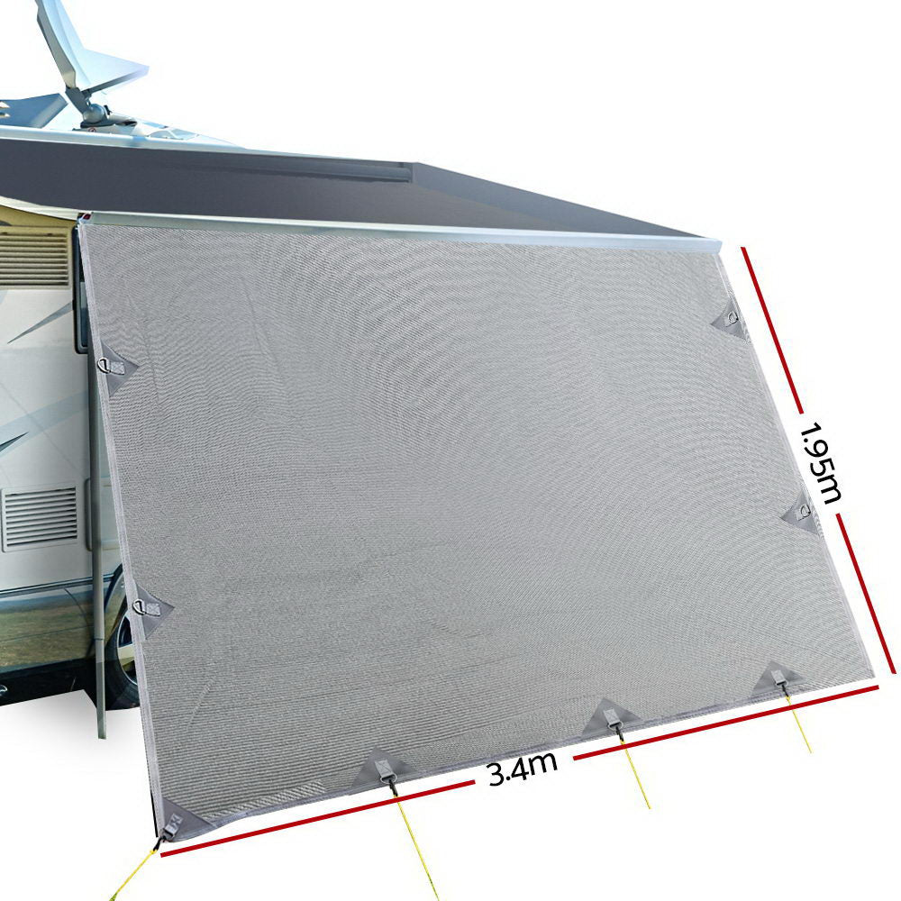 Caravan Privacy Screen Roll Out Awning 3.4x1.95M End Wall Side Sun Shade Grey-1