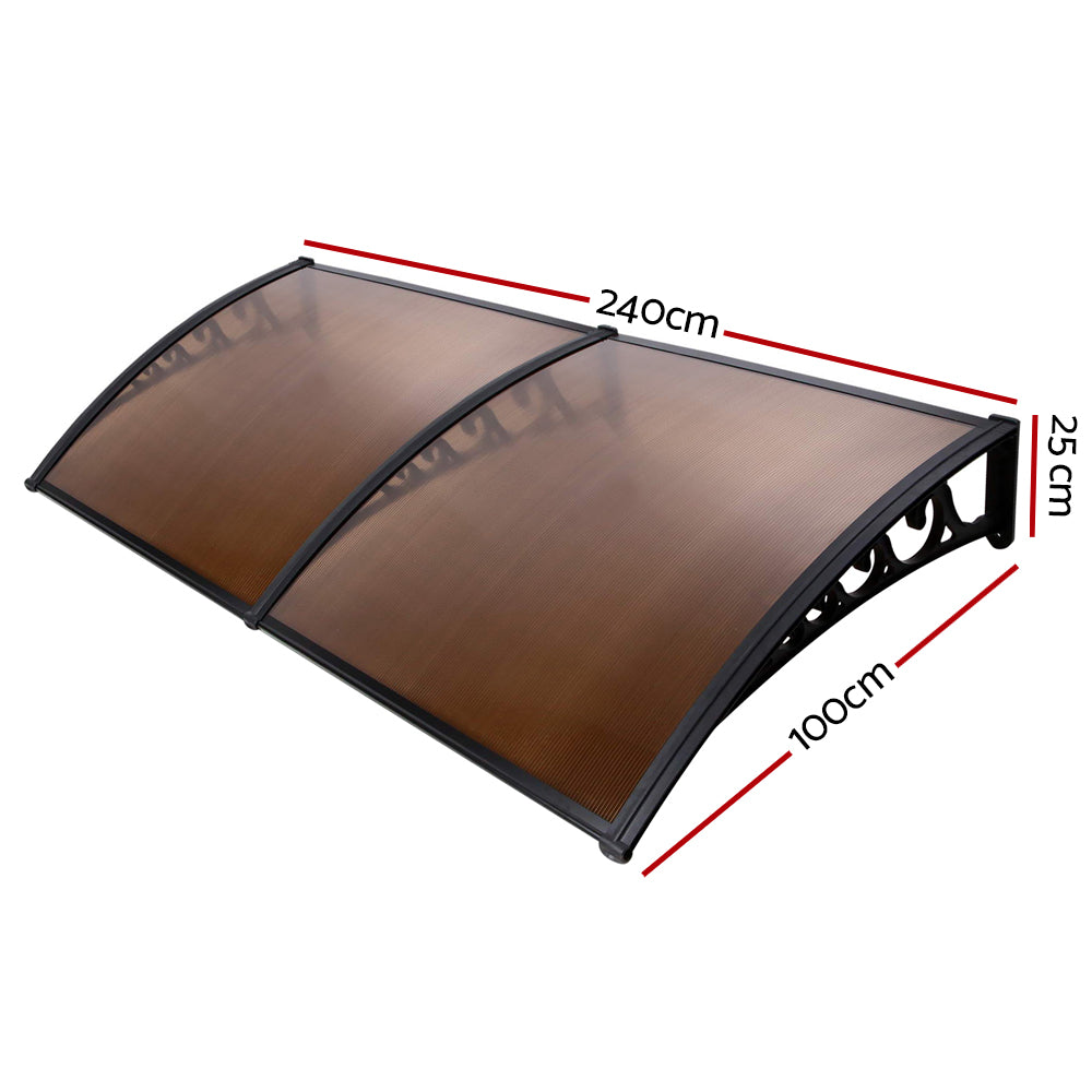 Instahut Window Door Awning 1mx2.4m Brown Hollow Sheet Plastic Frame-1