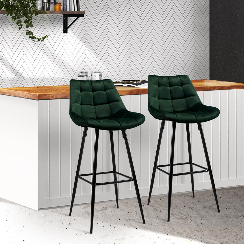 Artiss 2x Bar Stools Velvet Chairs Green-7