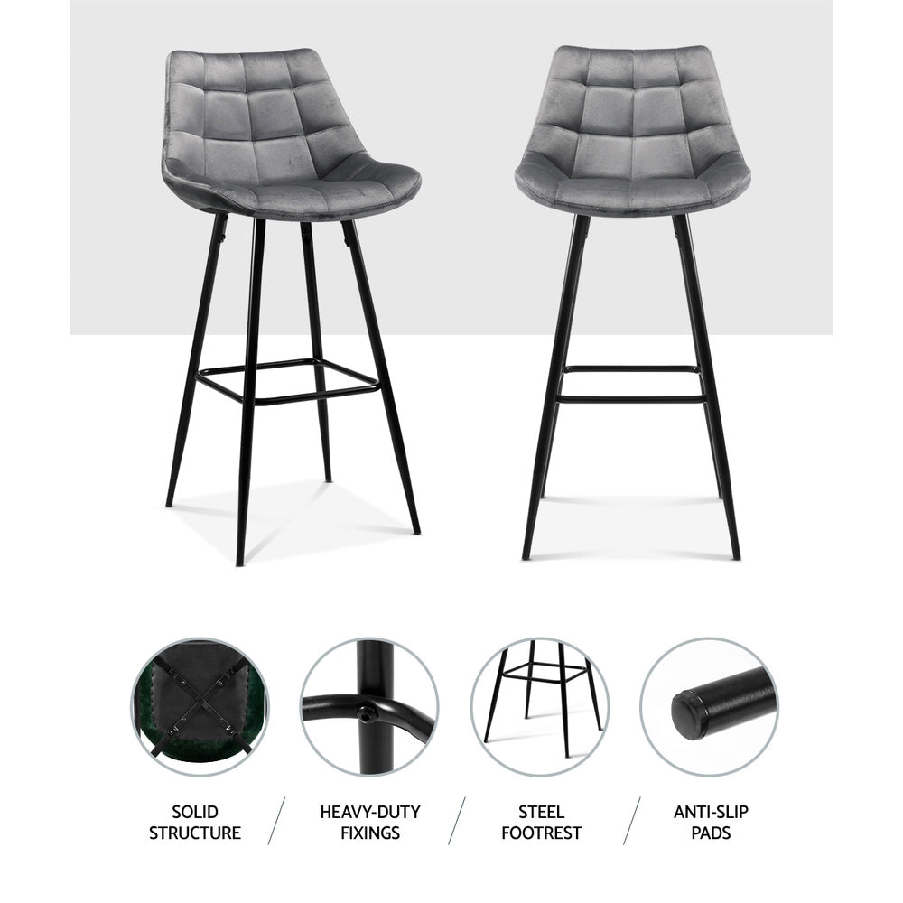 Artiss 2x Bar Stools Velvet Chairs Grey-4