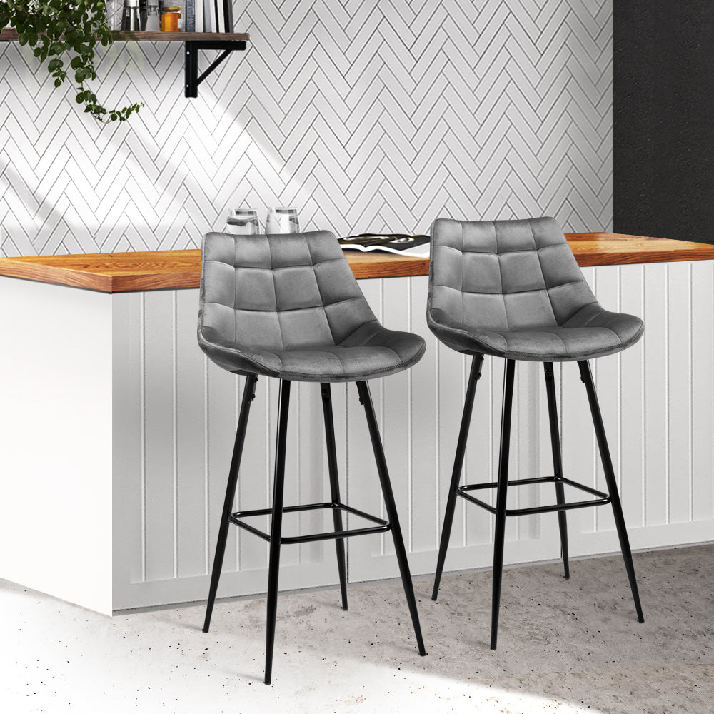 Artiss 2x Bar Stools Velvet Chairs Grey-7